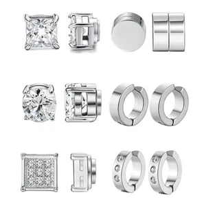 6 Pair Men Women Stainless Steel CZ Magnetic Stud Earrings Non Piercing Clip on - Picture 1 of 17