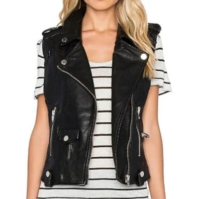 NWT Blanc Noir Black Leather Moto Vest Jacket Women’s Small Zip Front Biker - Image 1 of 4