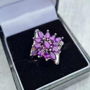Sterling Silver Purple Amethyst Cluster Floral Gemstone Ring Signed STS Size X - Picture 1 of 11