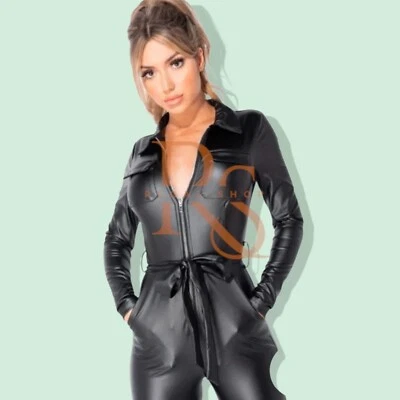 Women's Front Two Pockets Style Black Leather Jumpsuit In Real Lambskin Leather - Image 1 of 4