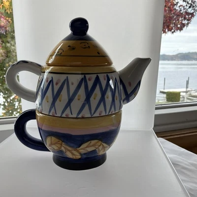 Bule e xícara de cerâmica pintados à mão Bella Casa Ganz amarelo azul rosa italiano 5" - Imagem 1 de 4