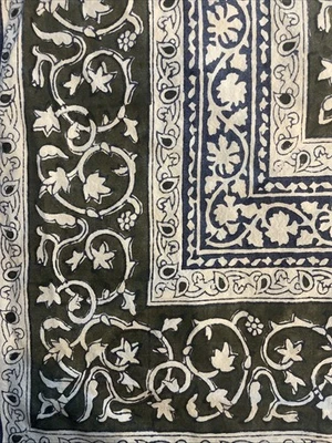 Handmade Persi Ghalamkar Tablecloth 96” X 86” Isfahan Block Print Green Navy - Image 1 of 4