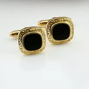 14K Gelbgold Schwarz Onyx Kissen Form Manschettenknöpfe um 1980 - Bild 1 von 7