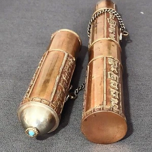 VTG Tibetan Buddhist Chinese Copper Cylinder Prayer Scroll Incense Holder 12.5" - Picture 1 of 24