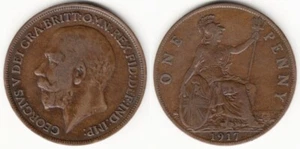 Reino Unido Gran Bretaña km#810 un centavo 1917. VF. Moneda de bronce tamaño grande GEORGE V - Imagen 1 de 3