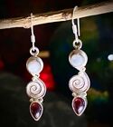 Sterling Silver Swirl Drop Earrings, Polished Moonstone and Garnet Cabochons.