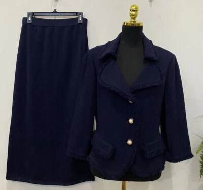 New ST. JOHN Mismatched Navy Blue Knit 2 Pc Jacket & Skirt Set Size 12, $1,695 Foto 1 de 4