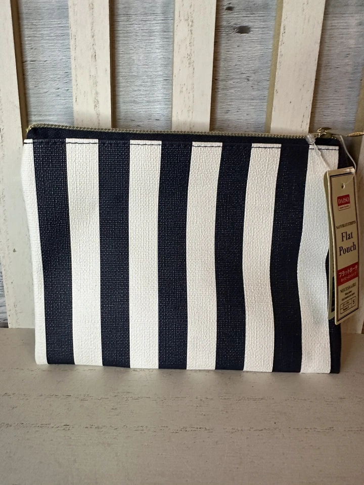 Daiso Navy White Striped Flat Pouch Purse NWT Nautical Small Travel Makeup Bag - Image 1 of 4