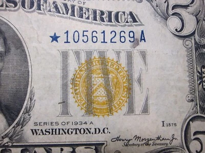 1934A $5 N.Africa Emergency Yellow Seal Star Note Silver Certificate #*10561269A - Image 1 of 4