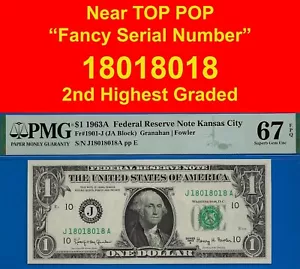 1963A $1 FRN 2nd highest graded PMG 67EPQ gem fancy serial number 18018018 - Picture 1 of 4