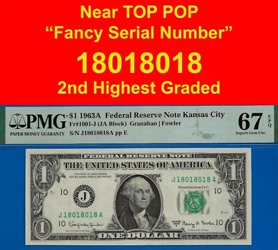 1963A $1 FRN 2nd highest graded PMG 67EPQ gem fancy serial number 18018018 - Image 1 of 4