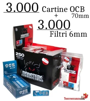 3.000 Cartine OCB Blue 70 mm + 3.000 FILTRI Monster 6mm - Imagen 1 de 4