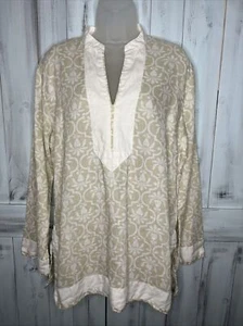 WOMENS LANDS END 100 LINEN BEIGE WHITE QUATREFOIL FLORAL LONG SLEEVE TUNIC TOP M - Picture 1 of 13
