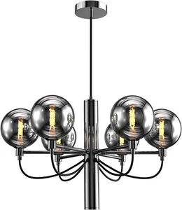6-Lights Glass Chandelier, Modern Large Sputnik Black Chrome Pendent, M232 - Picture 1 of 5