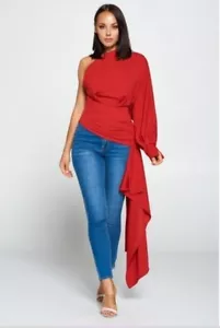 One Shoulder Long Sleeve Red Holiday Party Blouse with Train - Picture 1 of 4