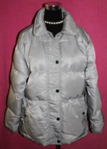 LANDS END Gray Nylon Puffer Jacket Goose Down Zip Snap Size M 10 12 Pockets - Picture 1 of 4