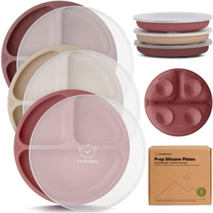 Suction Plates with Lids for Baby - 3-Pack 100% Silicone Toddler Plates with ... - Picture 1 of 9