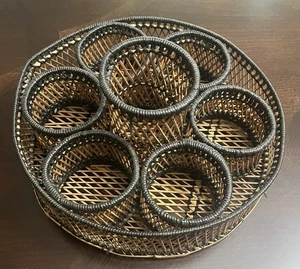 Wicker Round Serving Glass Holder Basket Boho Picnic Tray - Picture 1 of 7