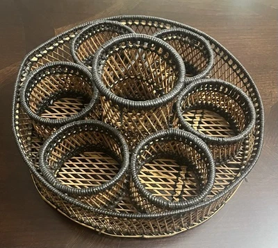 Wicker Round Serving Glass Holder Basket Boho Picnic Tray - Image 1 of 4