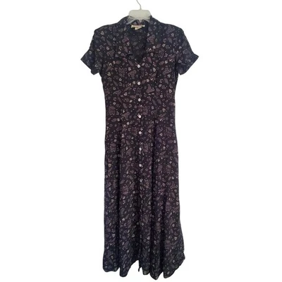 Vintage Y2K Decked Out Dress Womens 9/10 Black Floral Maxi Rayon USA 90s - Image 1 of 4
