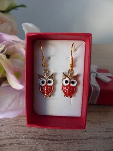 Ohrringe Eule rot und gold - Handarbeit - Bijoux-des-Lys » - Bild 1 von 4
