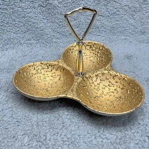 Hand Decorated Weeping Bright Gold Candy Dish Vintage 3 Section Server 22K Gold - Picture 1 of 6