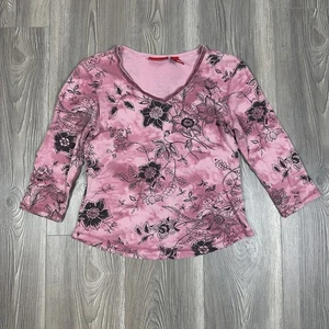 Gloria Vanderbilt Mauve Floral Velvet Trim 3/4 Sleeve V Neck Top Y2K Size S - Picture 1 of 6