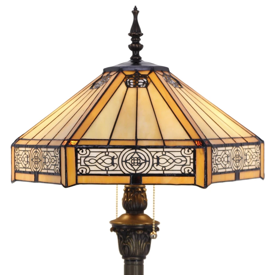 Tiffany Floor Lamp Yellow Hexagon Stained Glass Mission Standing Reading Ligh... - Image 1 of 4