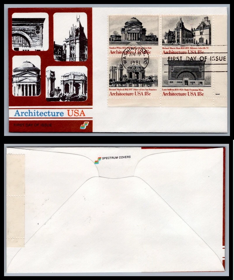 US FDC # 1928-1931 18c Architecture  Spectrum Plate Block 1 LR 1981, 9Q1055 - Image 1 of 1