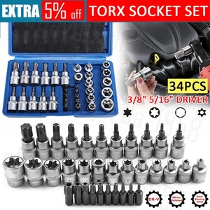 34X 3/8" Drive Security Torx Star &E Socket Bit Set Tamper Proof Garage Tool Set - Picture 1 of 12