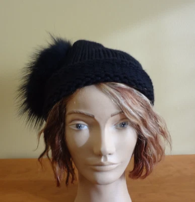 Nuevo sin etiquetas gorro Inverni Firenze tejido negro cachemir con pompón de piel lateral talla única Foto 1 de 4