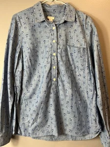 J Crew Factory Popover Talla Med Azul Cambray Con Diseño de Ancla Manga Larga - Imagen 1 de 10