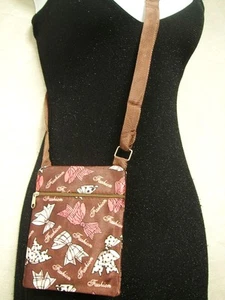 Ribbon Print Brown Messenger Shoulder HandBag Crossbody Women's Bag 5"x6.5" - Picture 1 of 1