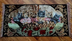 Vintage Velvet 6 Kittens in Basket w Roses Cat Tapestry Rug - Picture 1 of 6
