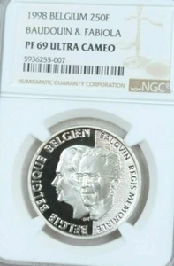 1998 BELGIUM SILVER 250 FRANCS BAUDOUIN & FABIOLA NGC PF 69 ULTRA CAMEO TOP POP  - Picture 1 of 4