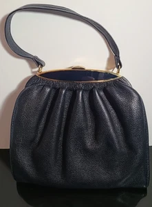 Vintage DOFAN made in France Dark Navy Leather Purse with Gold Clasp and Strap - Picture 1 of 15