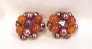 Earrings Amber Bead Mauve Imitation Pearl West Germany Clip On Vintage Retro - Picture 1 of 3