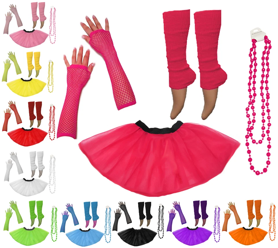 Neon UV Tutu Set Skirt Gloves Leg Warmers Beads Womens 80s Fancy Dress Costume - Image 1 of 1