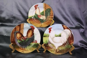 ON THE FARM Rooster Salad Plates Sakura David Carter Brown Set of 3 - Picture 1 of 6