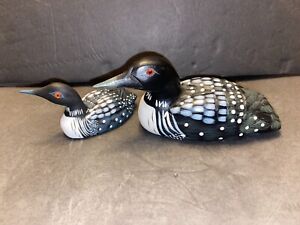 2 Wooden Loon Hand Carved and Painted Figure