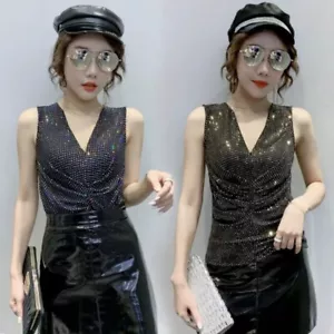 Lady Shiny Sequin Tank Top V Neck Pleated Vest Slim Fit Sleeveless Clubwear Sexy - Bild 1 von 14