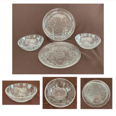 VINTAGE Glass Plates and Bowls Clear Embossed Flowers 4-Piece Set - Image 1 of 4