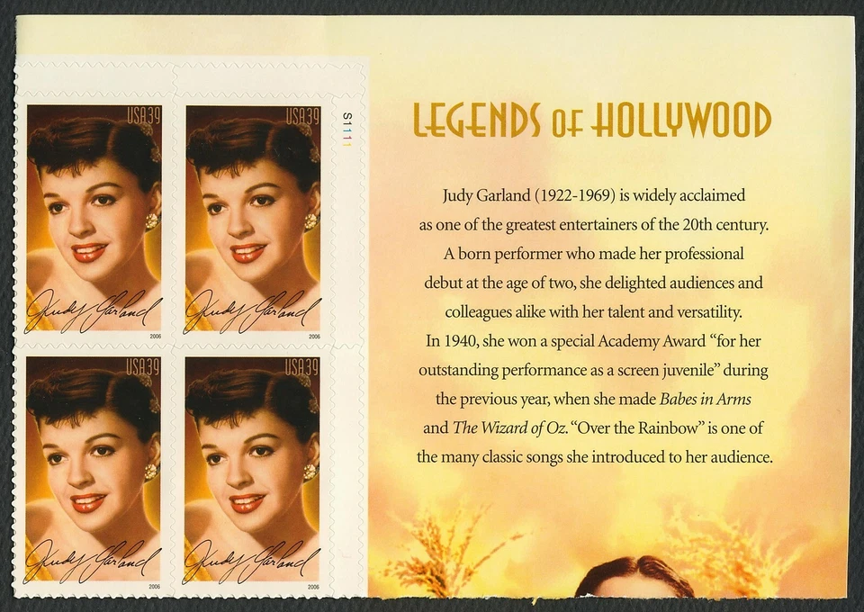 #4077 39c Judy Garland, Plate Block [S1111 UR] Mint **ANY 5=FREE SHIPPING** - Image 1 of 1