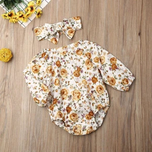 2pcs Baby Girl Cute Romper Newborn Long Sleeve Flowers Printed Ruffle Jumpsuit - Picture 1 of 7