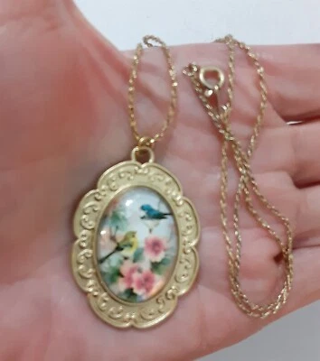 Asian Bird Flower Print Dome Glass Pendant Necklace - Image 1 of 4