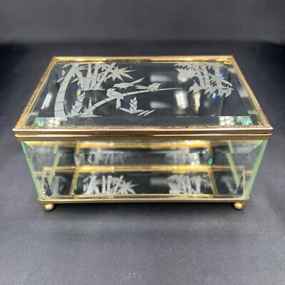 Vintage Etched Bevel Glass Trinket Jewelry Box Brass Mirror Display Curio Footed - Image 1 of 4