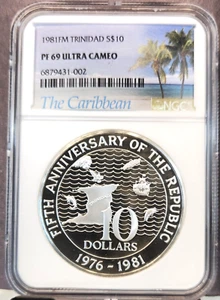1981 TRINIDAD & TABAGO SILVER 10 DOLLARS NGC PF 69 ULTRA CAMEO RARE TOP POP - Picture 1 of 3