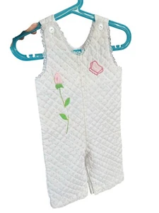 Vintage White Quilted Pink Rose Rosebud Butterfly Baby Lacy Overalls 6-9 months - Picture 1 of 13