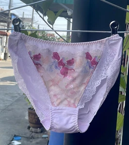 Vintage Pink Nylon Silky Panties Sheer Floral Lace Sissy Bikini Briefs Sz.7/L - Picture 1 of 24