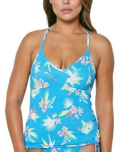 Jessica Simpson Women's Cross-Back Tankini Swim Top, Blue Multi Floral, Medium - Picture 1 of 2
